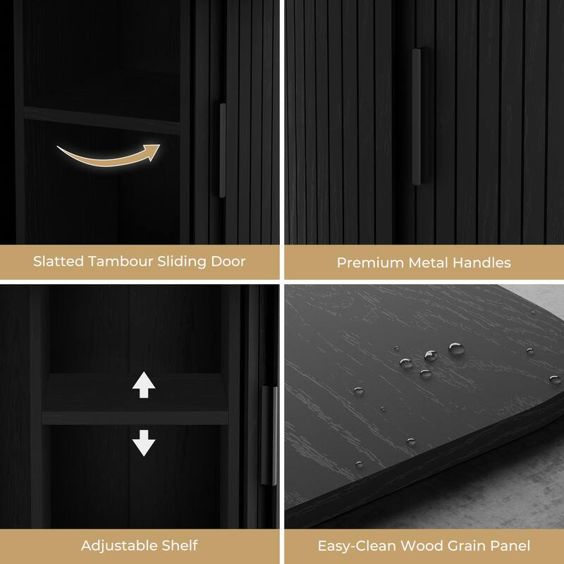 Mid Century Modern Round Coffee Table with Storage, Tambour Door Design Table for Living Room