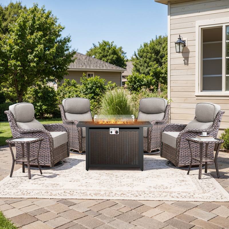 Pocassy Patio Swivel Chairs with 43 inch Fire Pit Table Set - Gray Cushion Brown Wicker - 7-Piece Fire Pit Table w/ Swivel Chair Table Set