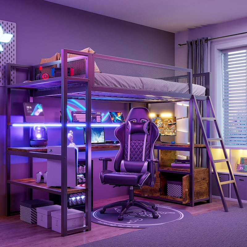 Metal Loft Bed Twin Size Bed Frame with Long Desk and Several Storage Shelves Under the Bed, Controllable LED & Charging Station