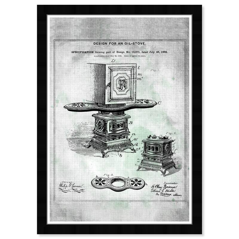 Wynwood Studio Prints Food and Cuisine Design for an Oil-Stove 1882 Black and Off-white Industrial Wall Art Canvas Print