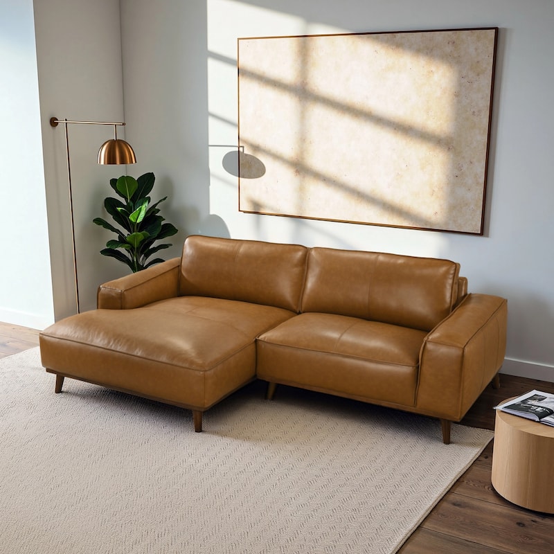 Dayton Genuine Leather Sectional with Chaise - Tan Leather - Left Facing