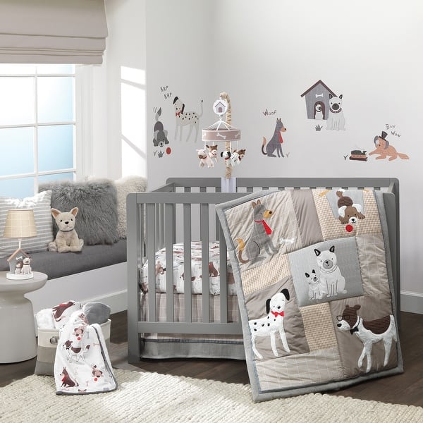 slide 2 of 10, Lambs & Ivy Bow Wow Gray/Tan Dog/Puppy Nursery 4-Piece Baby Crib Bedding Set
