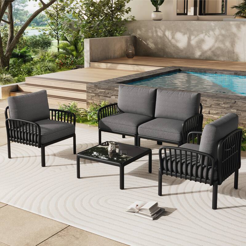 5PCS Plastic Rattan Sofa Set With Cushion - Black