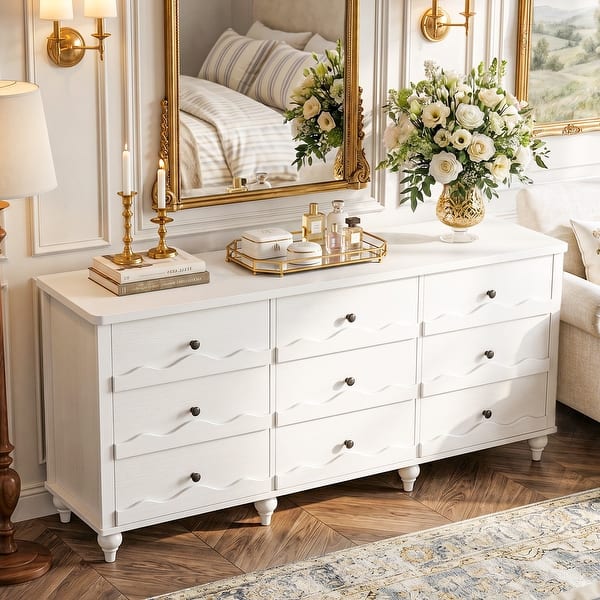 white bedroom dresser Stria Black Fluted 6-Drawer Dresser & 2 Wide Nightstands Set