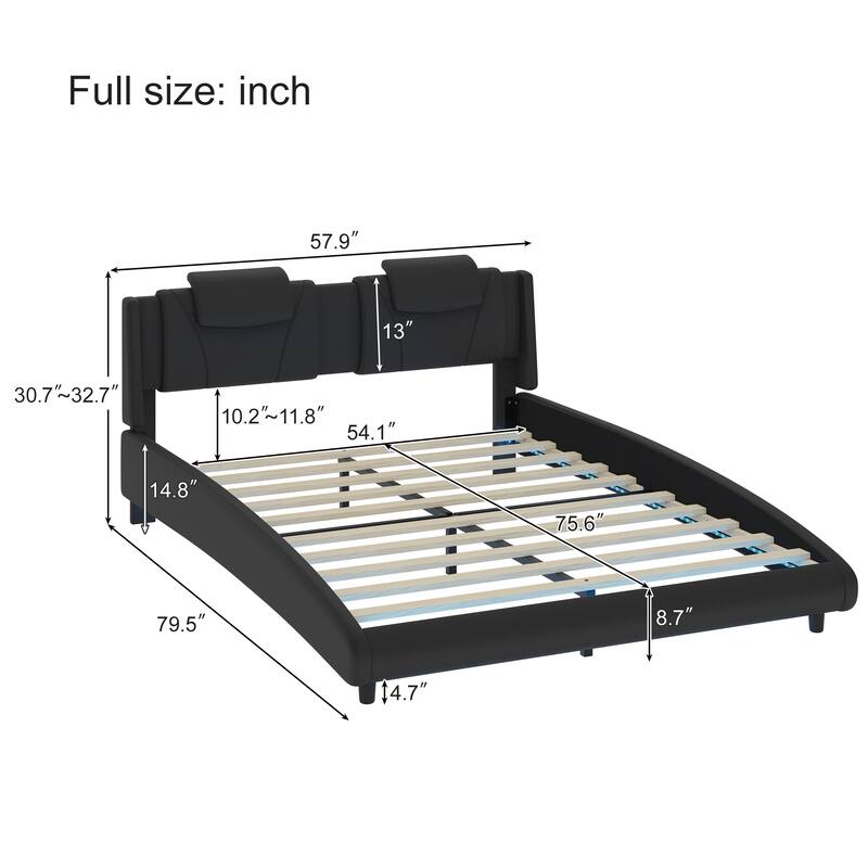 Modern Full Size PU Upholstered Platform Bed Frame with LED Lights and Adjustable Headboard, No Box Spring Needed