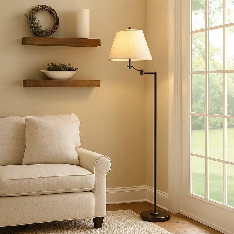 3 Way Metal Body Floor Lamp with Swing Arm and Conical Fabric Shade, Black