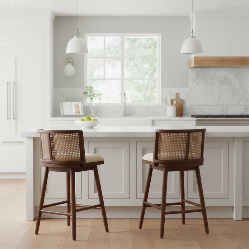 Christopher Knight Home - Talia Scandinavian Upholstered Wooden Counter Stool Set - Bar Chairs with Rattan Backrest - Set of 2 - Beige,Dark Walnut