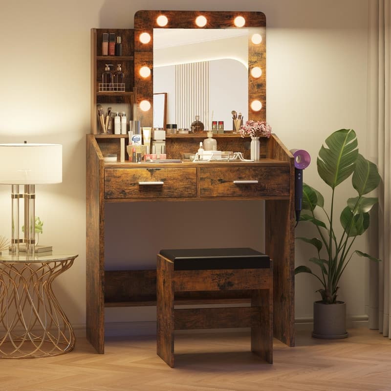 Makeup Vanity Desk with Mirror and Stool, Charging Station, 2 Drawers, 3 Shelves