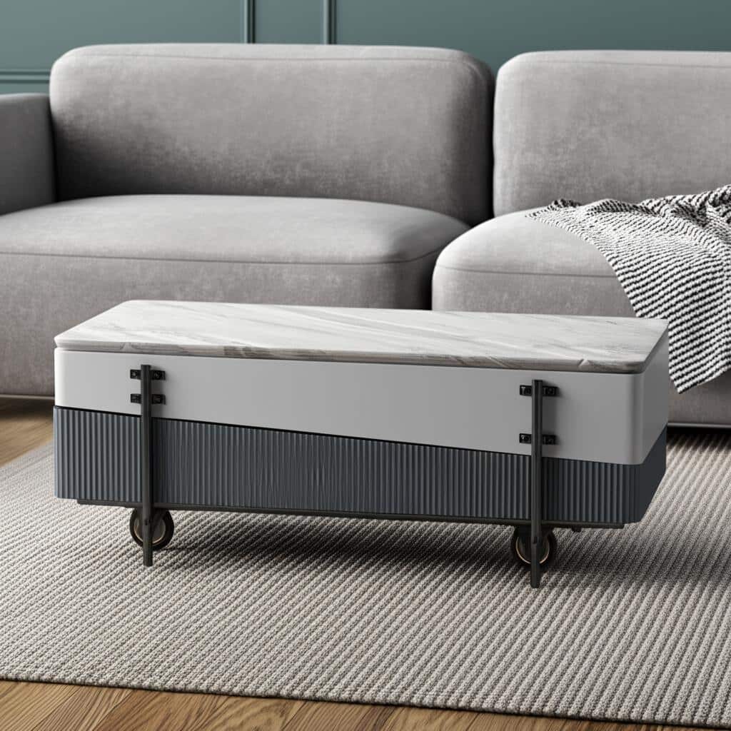 HomeRoots 47" Gray White and Black Faux Marble Wood and Steel Lift Top Coffee Table - 47.00 in. x 18.00 in. x 26.00 in.