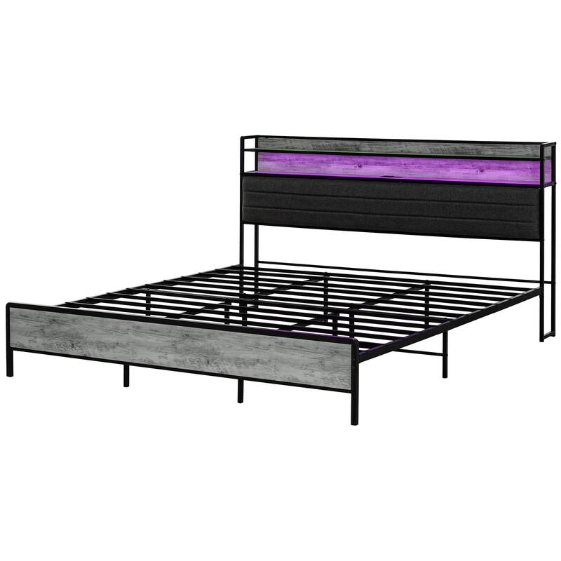 King Size LED Platform Bed Frame with Storage, Charging Station, and RGB Lighting, No Box Spring Needed