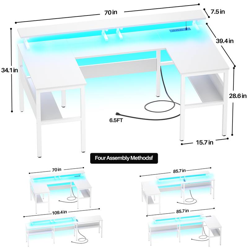 U-Shape Reversible Gaming Desk Monitor Computer Table with USB Ports and LED Lights