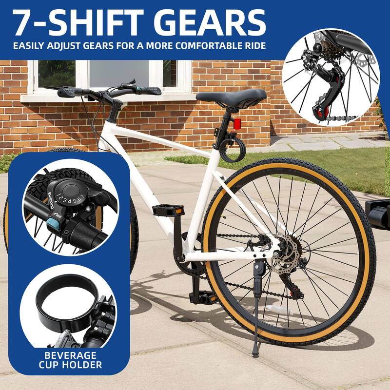 28" Road Bike Black 7 Speed Commuter Bike Lightweight Aluminum Frame Racing Bike with Disc Brake System