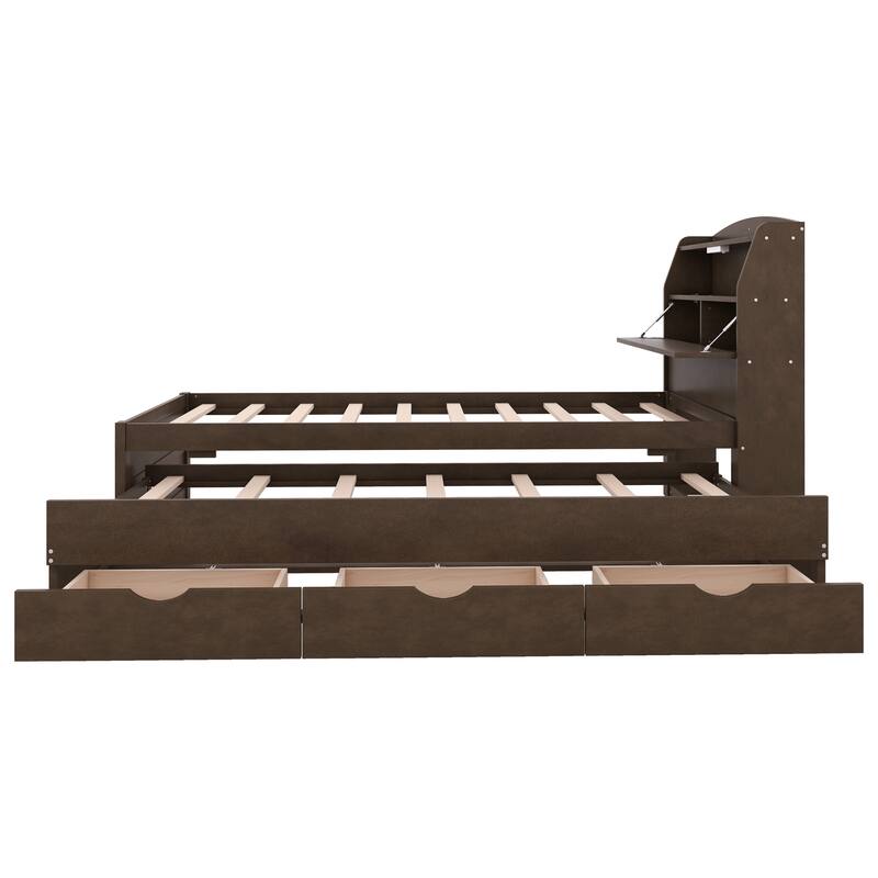 Wood Captain Bed Platform Bed with Trundle and 3 Drawers, Single Bed Frame with Storage Headboard and Integrated LED Light
