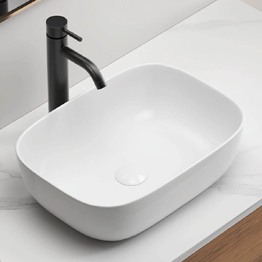 Small Bathroom Vessel Sink Above Counter - White Porcelain Ceramic Oval Rectangle Vanity Sink Bowl