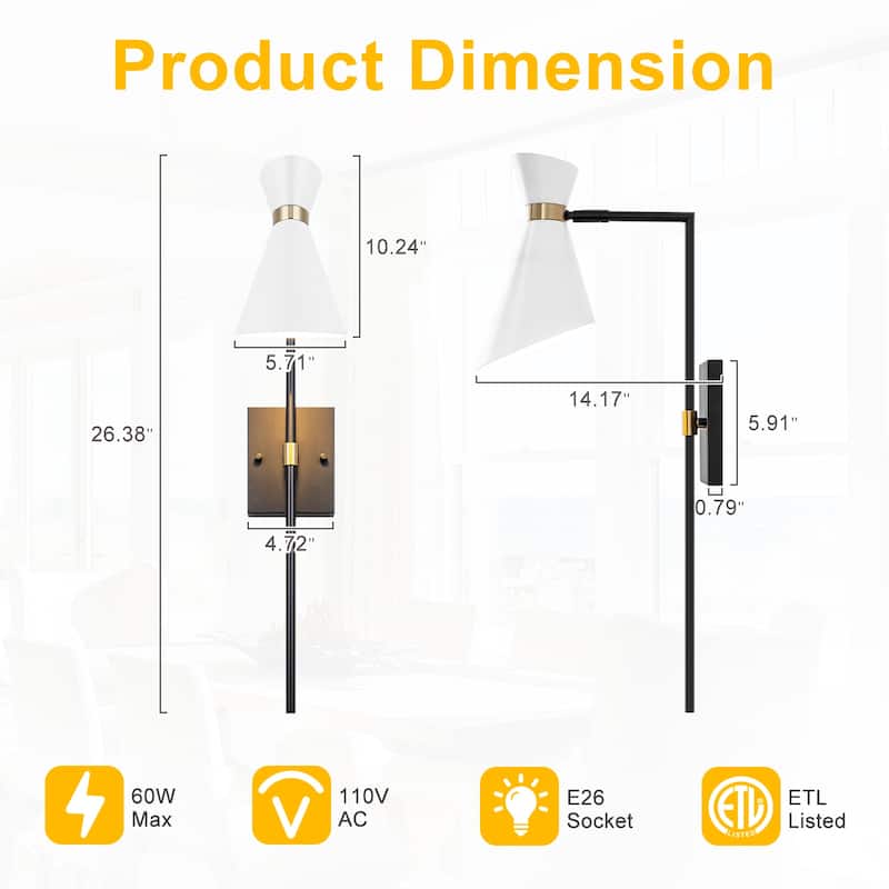 1-Light Black Indoor Wall Sconce with White Cone Metal Shade Modern