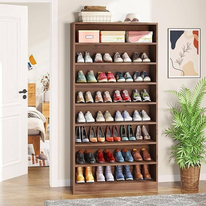 Brown Wood 8-Shlef Shoe Storage Cabinet with Adjustable Shelves - 11.81"D x 31.50"W x 70.86"H