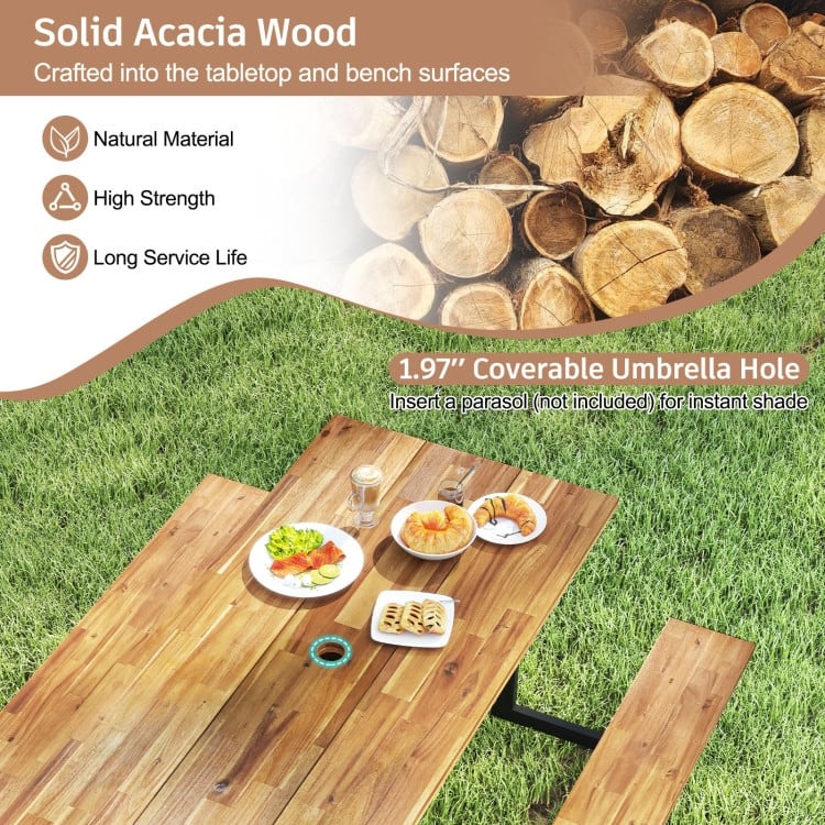 Brown and Black Acacia Wood Picnic Table 6 Person and Bench Set with Metal Frame - 63" x 61.5" x 29"