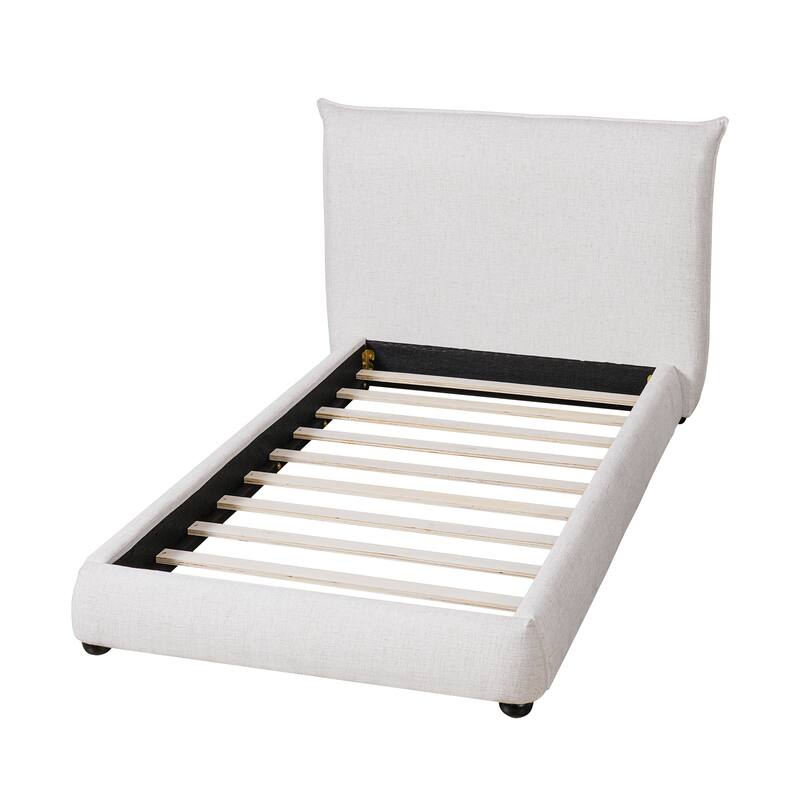 Upholstered Platform Bed Linen Fabric Pillow-back Headboard Wingback Bed Twin Size Beige Bed Frame