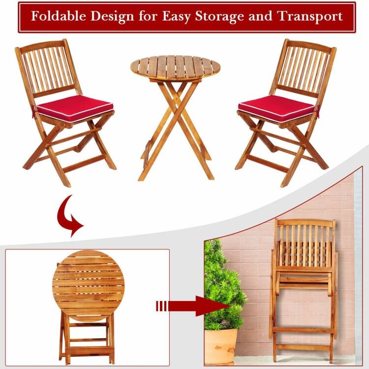 3 Pieces Patio Folding Bistro Set with Padded Cushion and Round Coffee Table - 23.5" x 23.5" x 29.5" (L x W x H)