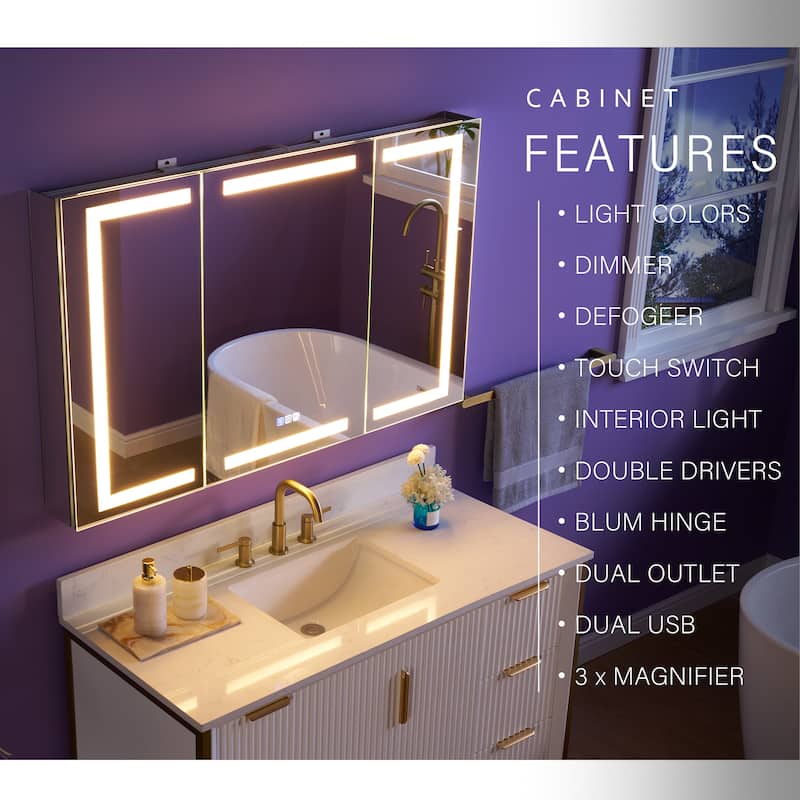 30" H Recessed or Surface LED Mirror Cabinet with Adjustable Glass Shelves,Defogger, Dimmer And Outlets & USB Ports