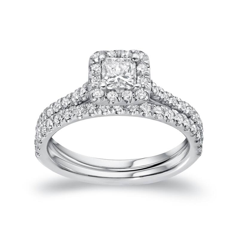 Auriya Platinum 1ctw Princess-cut Halo Diamond Engagement Ring Set