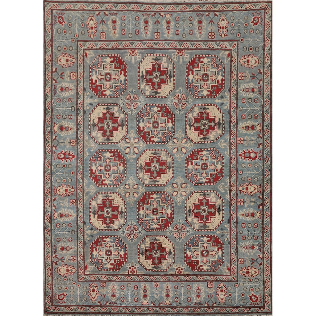 Geometric Kazak Area Rug Living Room Hand-Knotted Wool Carpet - 5'0" x 6'7"