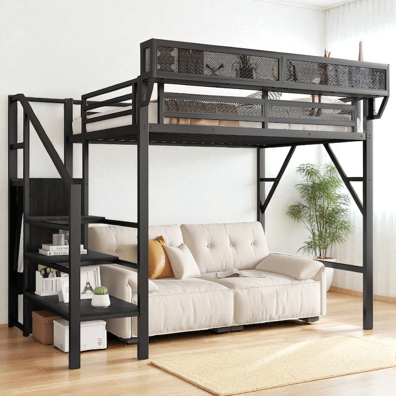 Twin XL Metal Loft Bed with Stairs, Storage Shelves and Wardrobe, High Loft Bed with Under-Bed Space