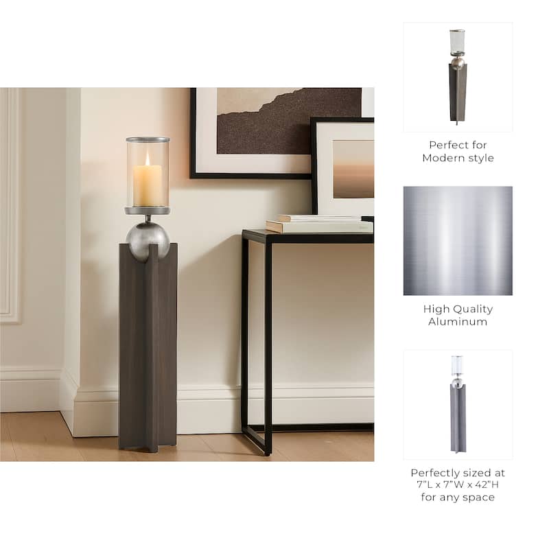 Candle Holder - Gray Wood Pillar with Metal Sphere