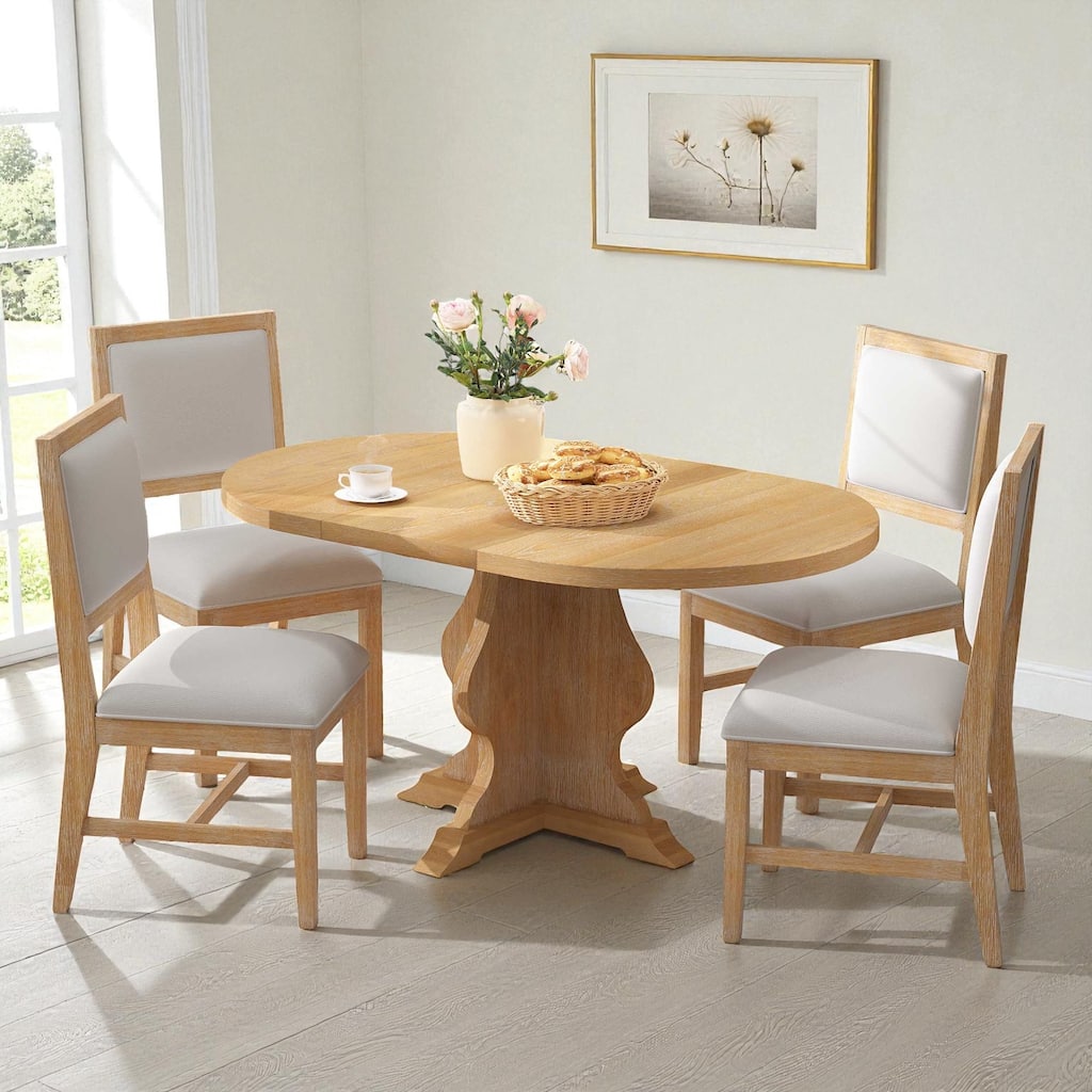 Farmhouse 5-Piece Extendable Dining Table Set, 42.5"-58.2" Wood Table with 15.7" Leaf and 4 Upholstered Chairs