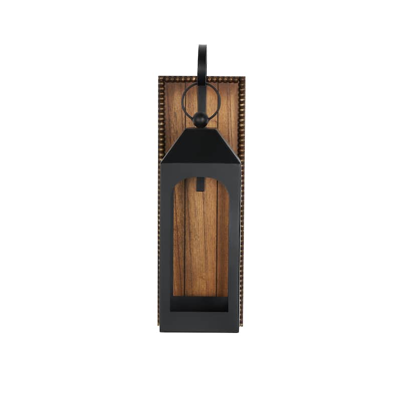 Metal Suspended Arched Cutout Wall Sconce with Brown Wood Backing and Beaded Edge - Black - Roche River Decor