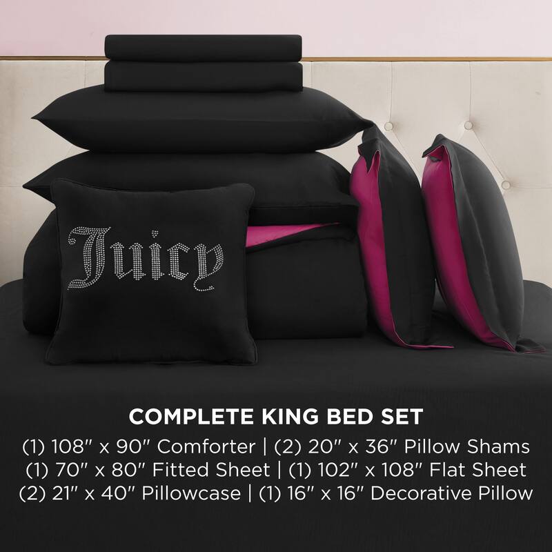Juicy Couture Alexis Reversible Comforter Set 8 Piece Bed in a Bag Queen Black/Hot Pink