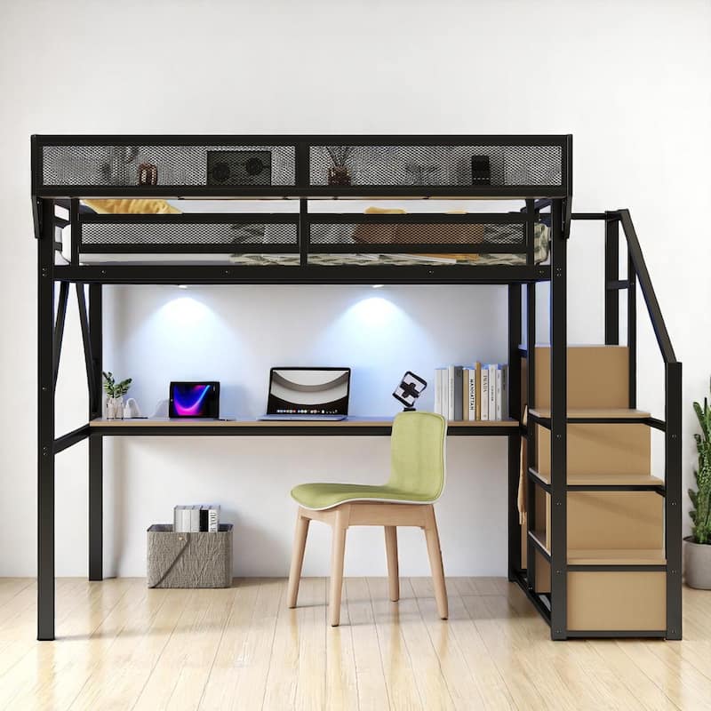 Metal Loft Bed Full/Queen with Desk, LED Lights, USB Ports, Shelves, Staircase and Built-In Wardrobe for Teens