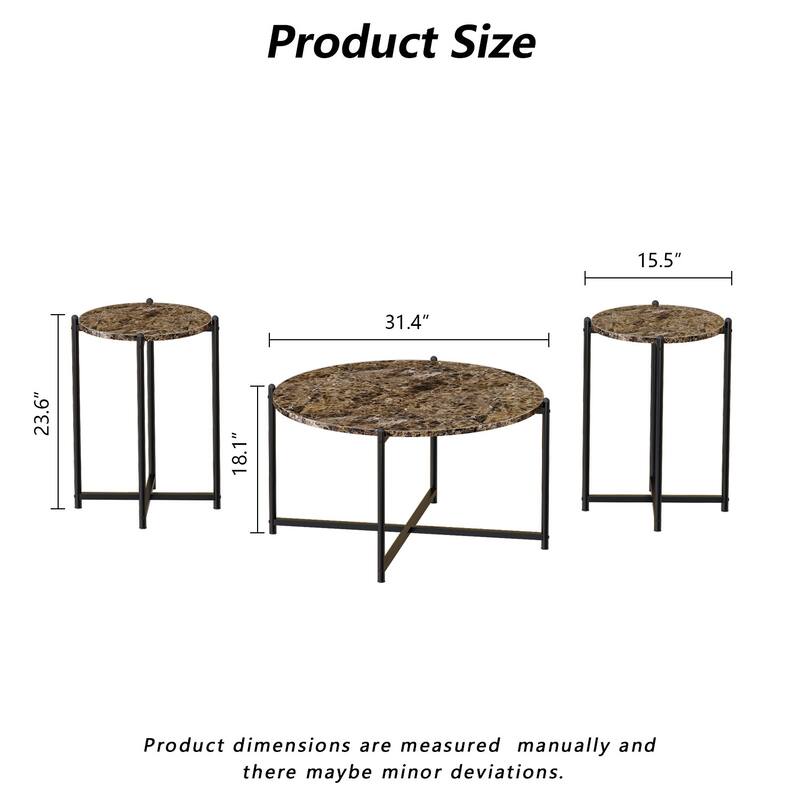 3 Piece Coffee Table Set for Living Room, 1 Coffee Table & 2 Side Table, Modern Faux Marble Table Set, Living Room Furniture