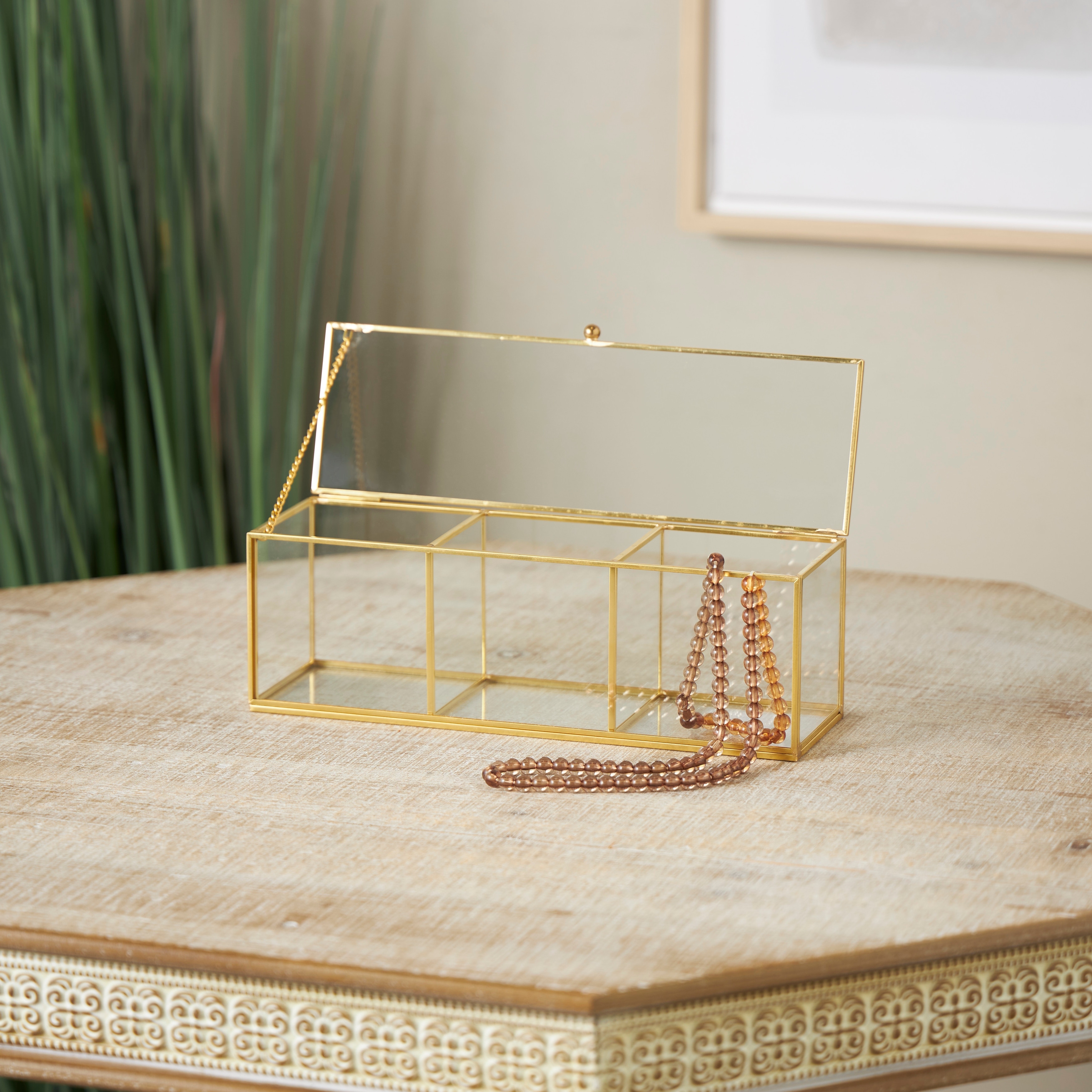 Clear Glass Jewelry Box with Gold Metal Frame and Gray Fabric Interior with Ring Slots 7 W 3 H
