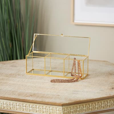 Clear Glass Slim Rectangular 3 Slot Decorative Jewelry Box with Gold Metal Frame and Chain Accent