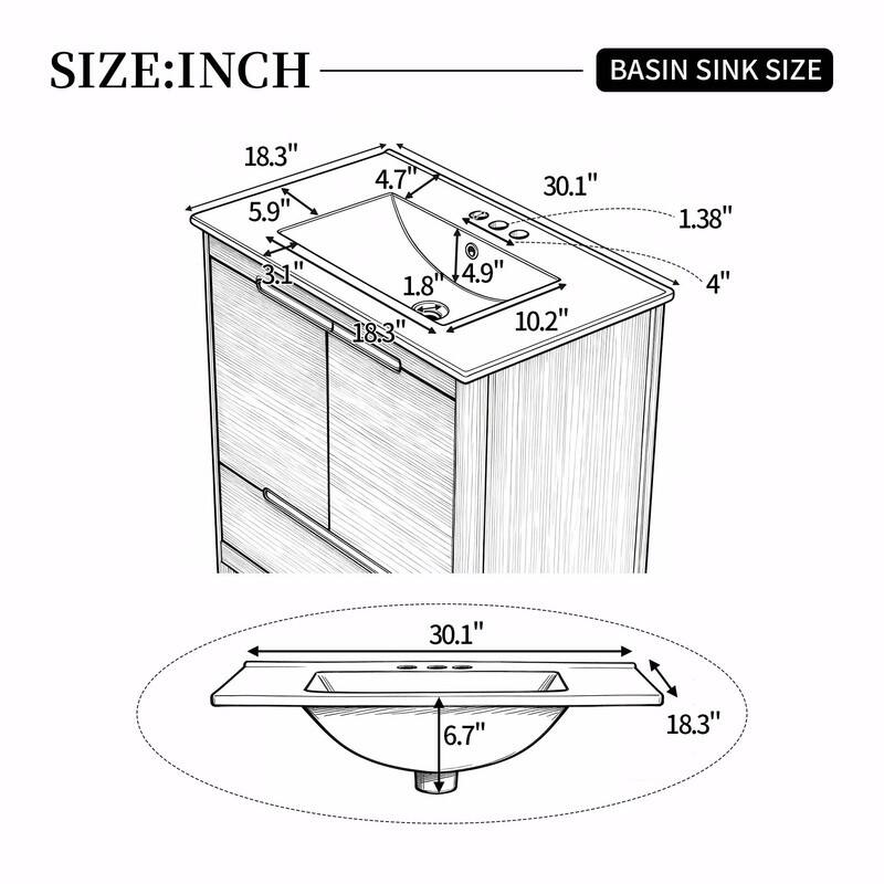 30 Inch Modern Bathroom Vanity with Ceramic Sink, Natural Wood Grain Cabinet, Solid Wood Frame