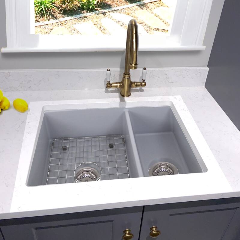 Highpoint Collection Matte Gray 23.5 Inch Double Bowl Fireclay Kitchen Sink