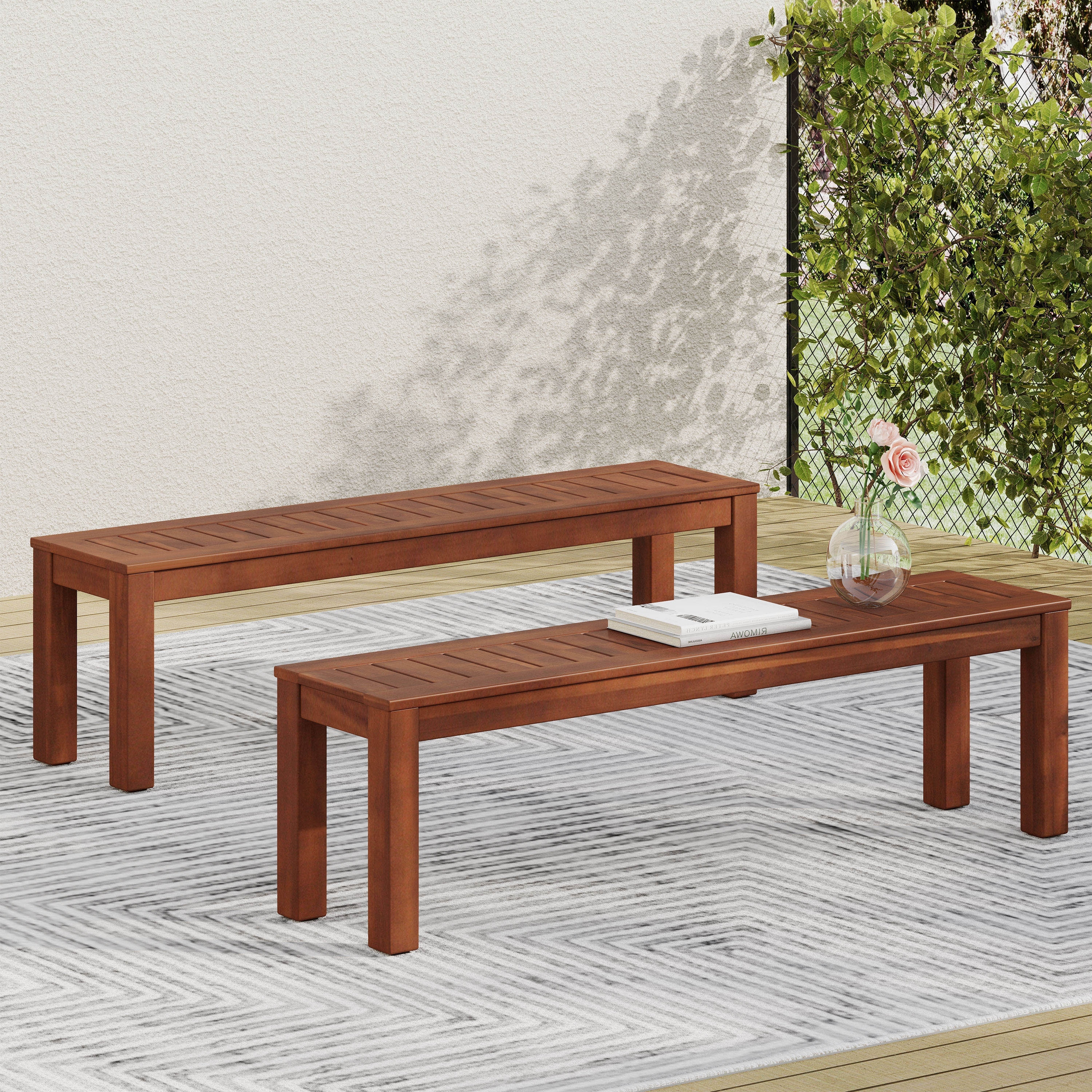 Roomfitters Modern Outdoor Dining Benches Set of 2, Acacia Wood Patio Furniture for Backyard, Garden, Brown