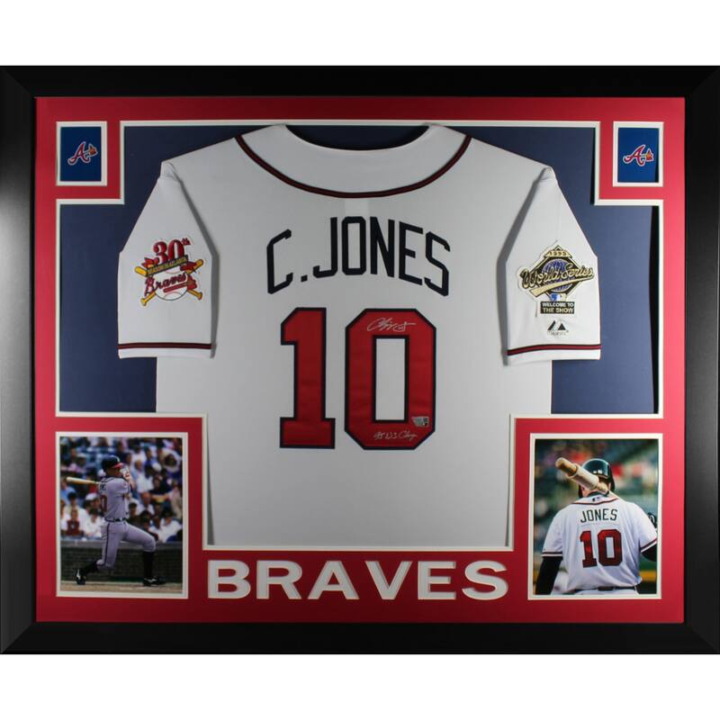 Chipper Jones Autographed Atlanta Braves 1995 World Series Signed Majestic Baseball Framed Jersey Fanatics Authentic COA