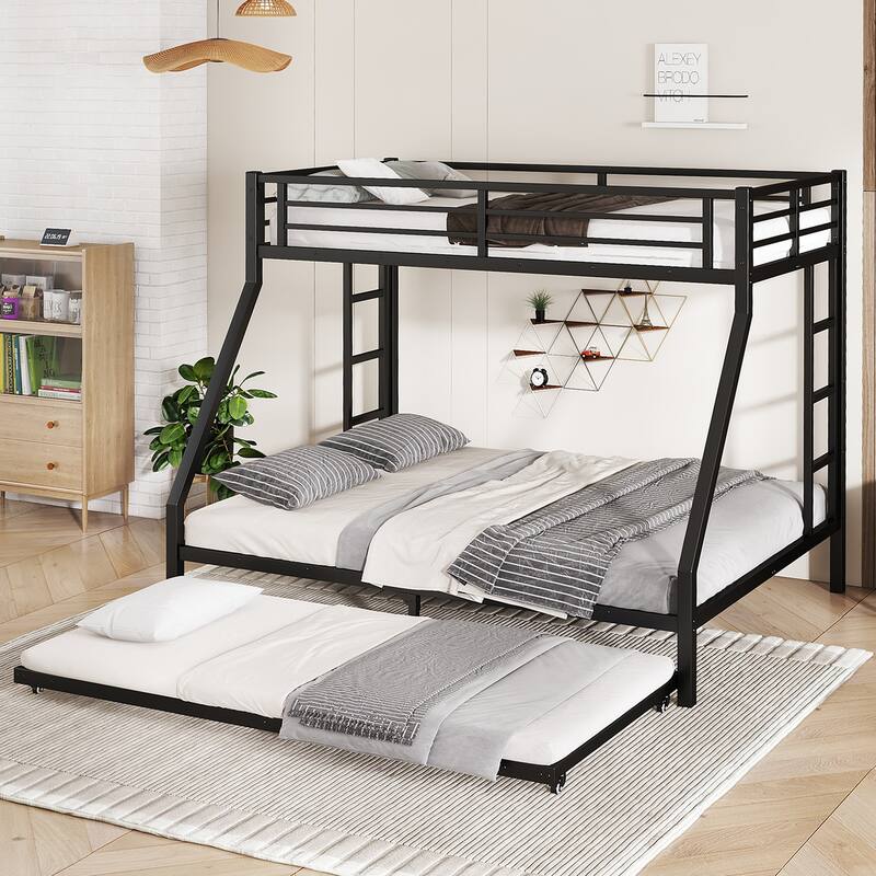Twin XL Over Queen Metal Bunk Bed with Twin Trundle, Black