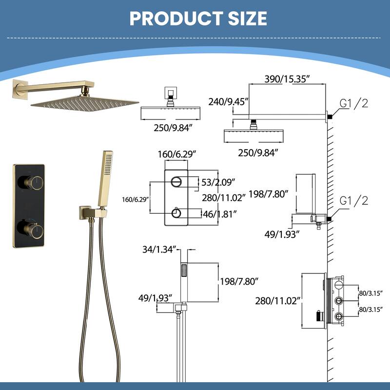 9.84" Thermostatic Complete Shower System with Rough in-Valve, Rain Mixer Shower Combo Set with Handheld