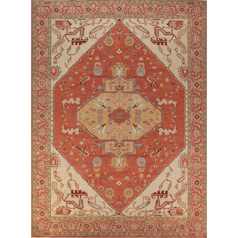 Vegetable Dye Orange Heriz Serapi Oriental Rug Handmade Wool Carpet - 8'11"x 11'8"
