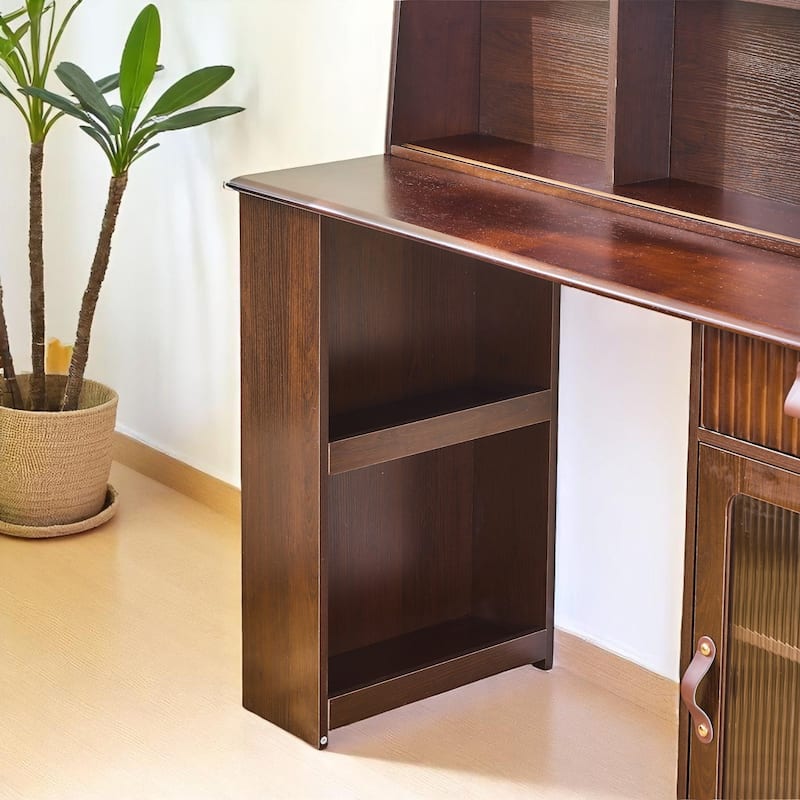 Makeup Vanity Desk with 3-Color LED Mirror, Storage Shelves & Drawer, Fluted Design Dressing Table in Walnut Finish