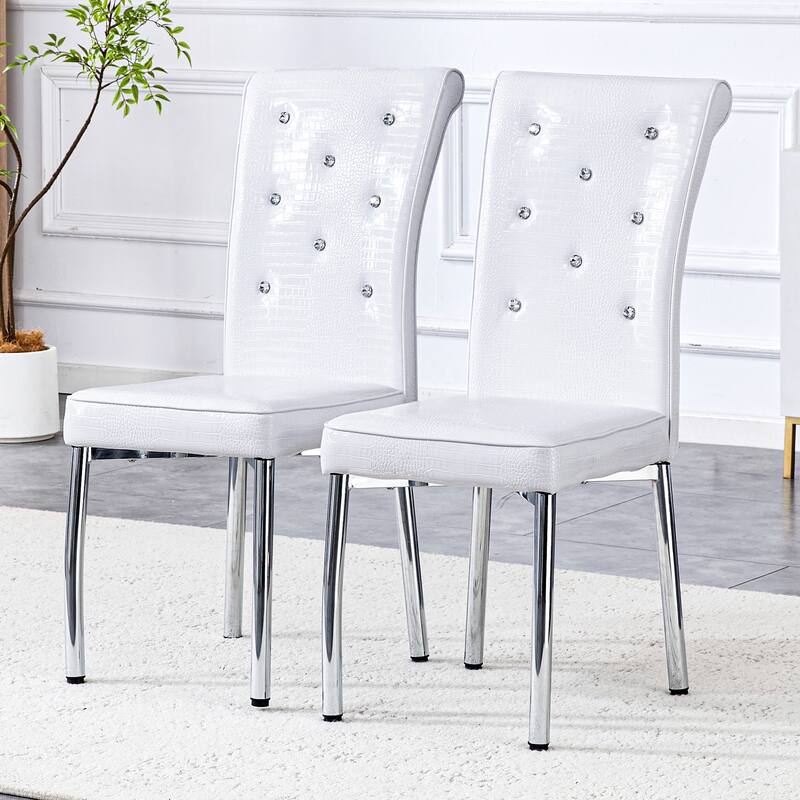 Set of 2 Retro alligator skin Upholstered dining chairs,with Crystal buckle design and Faux Leather design, metal legs
