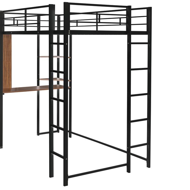 Twin Size Metal Loft Bed with Desk and Shelves, Black Finish