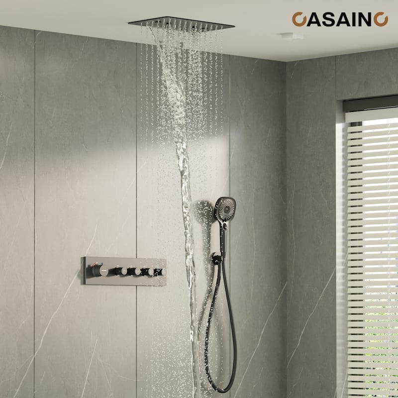 Luxury Thermostatic Shower System 3-Spray Patterns Ceiling Mount Fixed Rain Waterfall Shower Head and Handheld Spray Combo