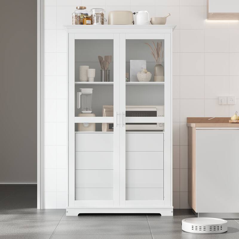 44.7" Kitchen Pantry Cabinet with Glass Doors - Storage Cabinet with 4 Built-In Drawers - Display Cabinet for Living Room