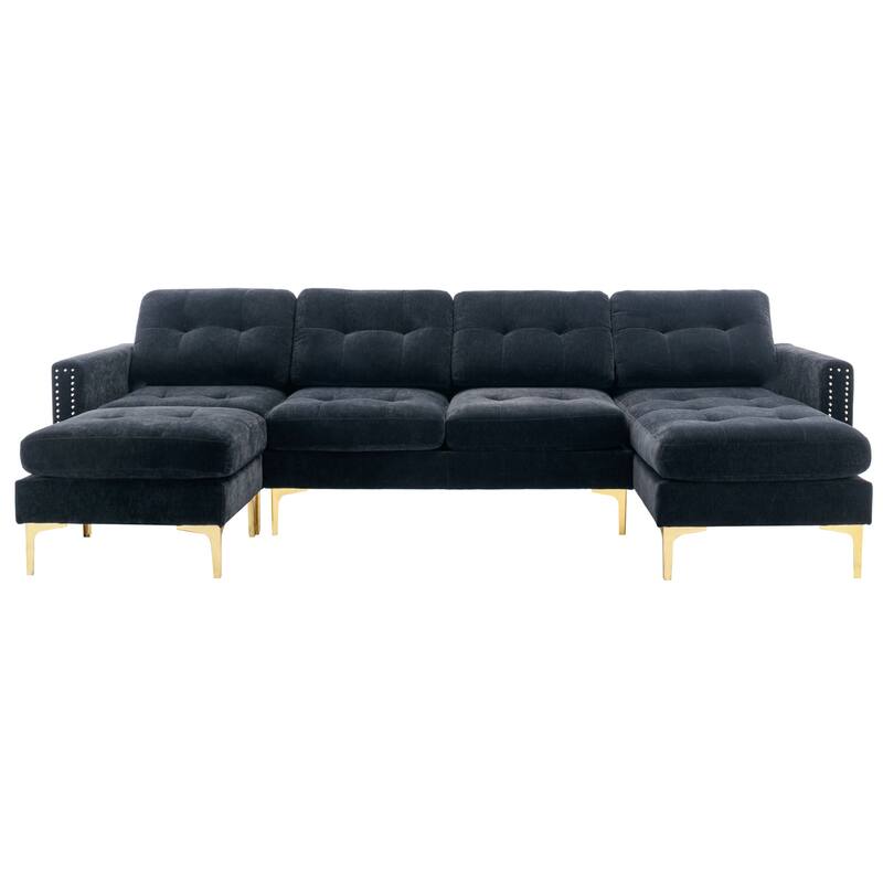 L Shaped Convertible Sectional Sofa with Ottoman, Velvet Fabric 5 Seater Sofa, Upholstered Sofa with Chaise & Storage Pockets