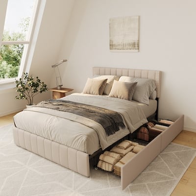 Full/ Queen Platform Bed Frame with 4 Storage Drawers Adjustable