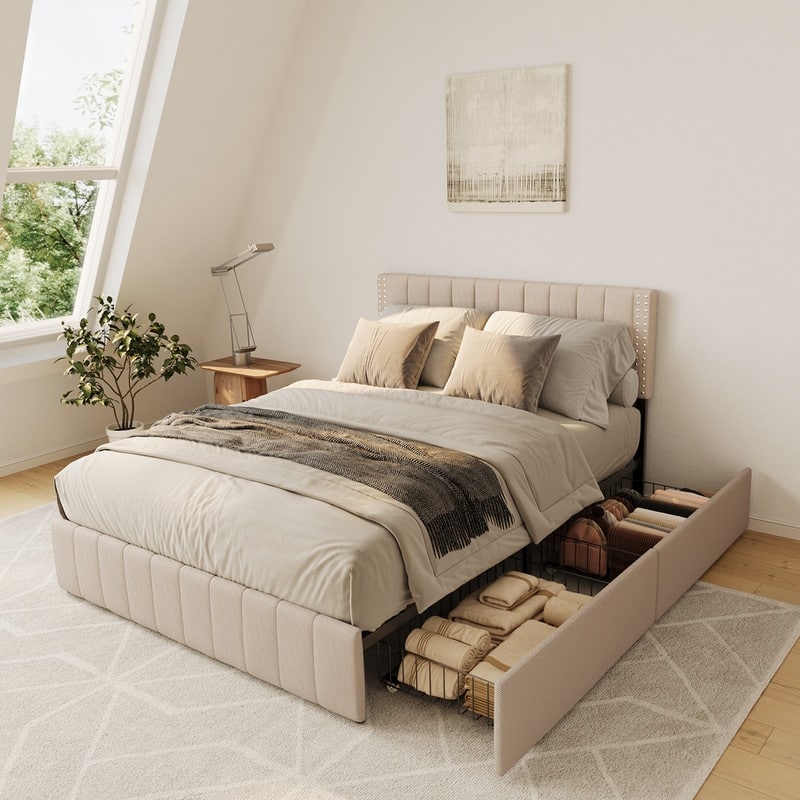 Full/ Queen Platform Bed Frame with 4 Storage Drawers Adjustable